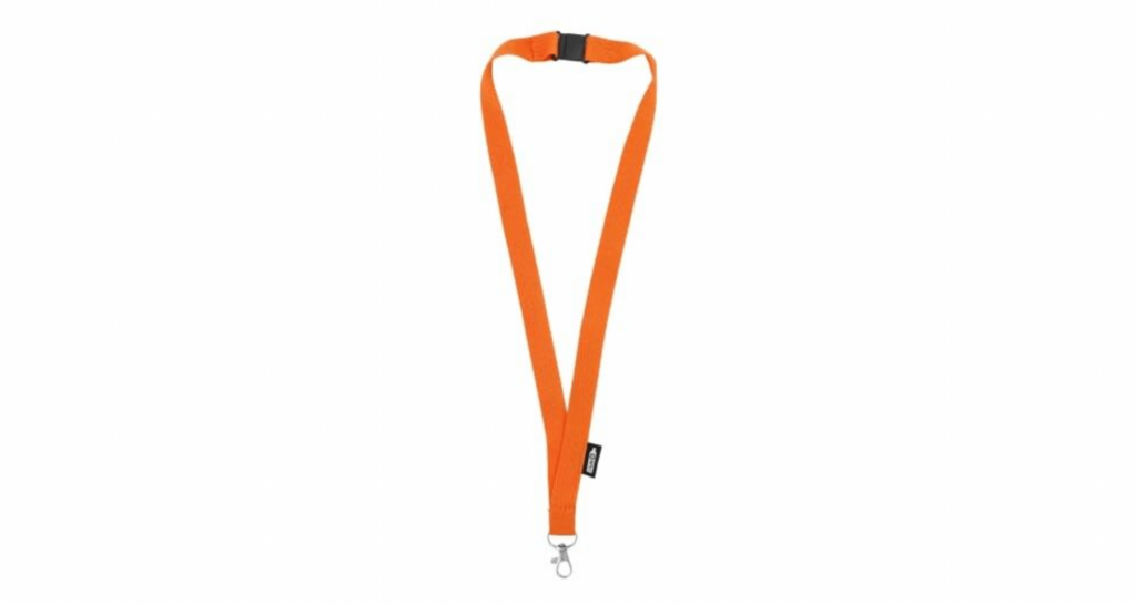 Ein bedrucktes Schlüsselband in Orange. Am einen Ende hat das individuelle Schlüsselband einen Verschluss, am anderen Ende einen Haken.